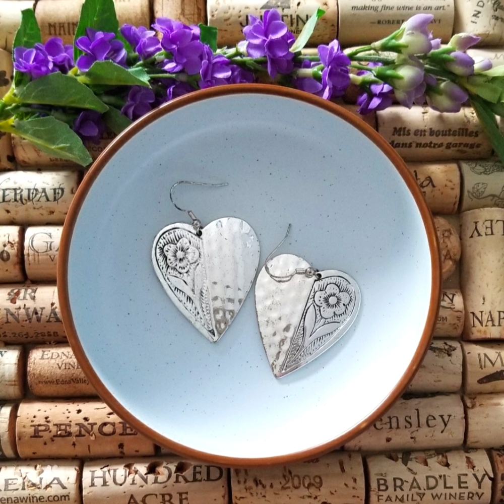 Silver Big Heart Earrings with Flowers